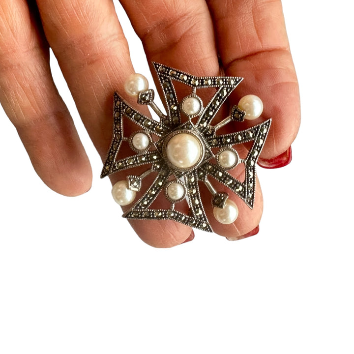 J.J. Gothic Sterling Pearl Cross Pin