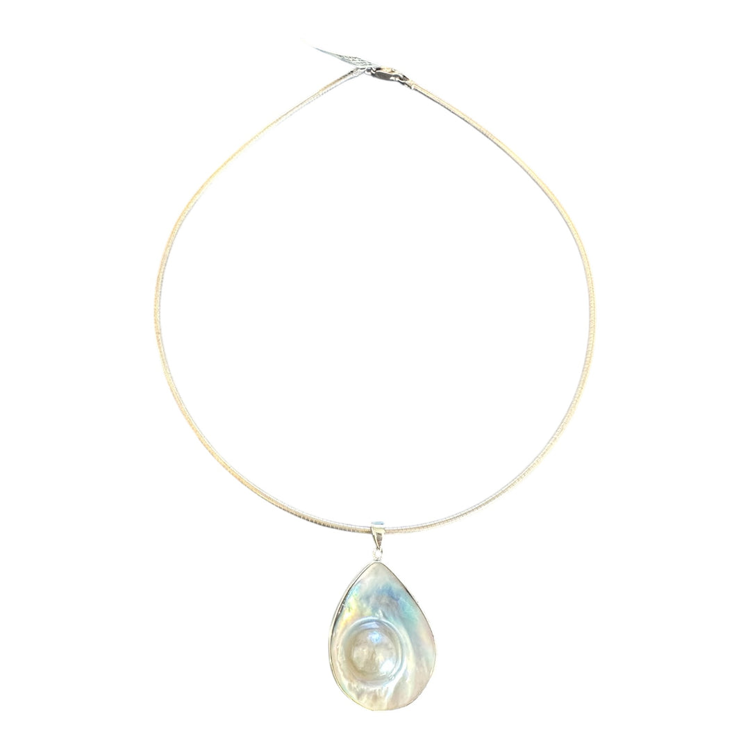 Sterling Silver Natural Mobee, Pearl, Large Oyster Pendant, And Wire Necklace