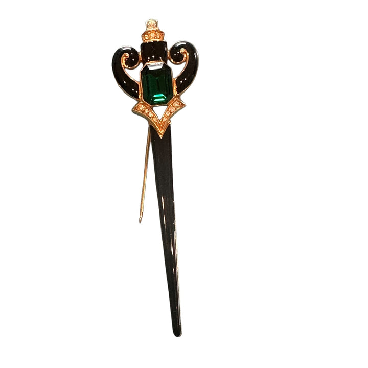 Art Deco Black And Emerald Dagger Pin Brooch, 4”
