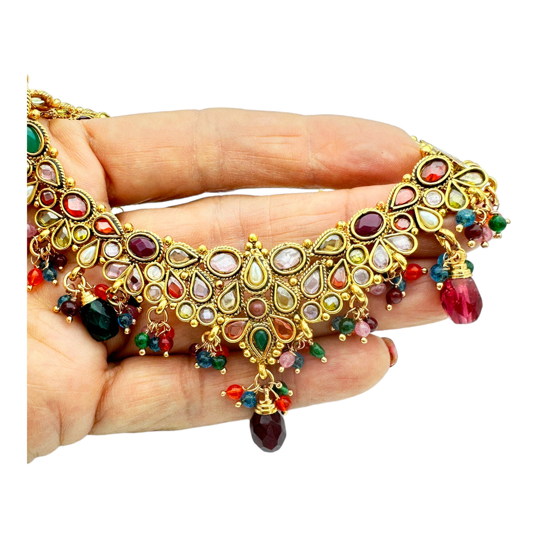 Egyptian Red Dangle, Jeweled Gem Necklace 24kt Yellow Gold Overlay
