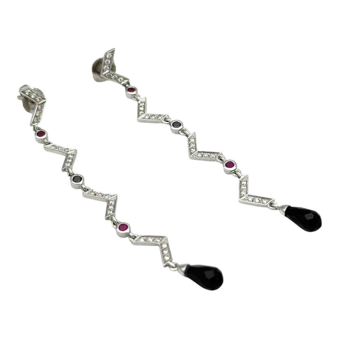 18kt Art Deco Diamond Ruby-Sapphire Earrings, 2-1/2" Length