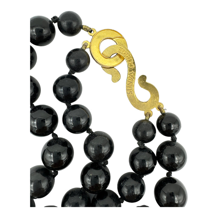 22" Carved Jade Chinese Emblem and Black Onyx Double Strand Necklace
