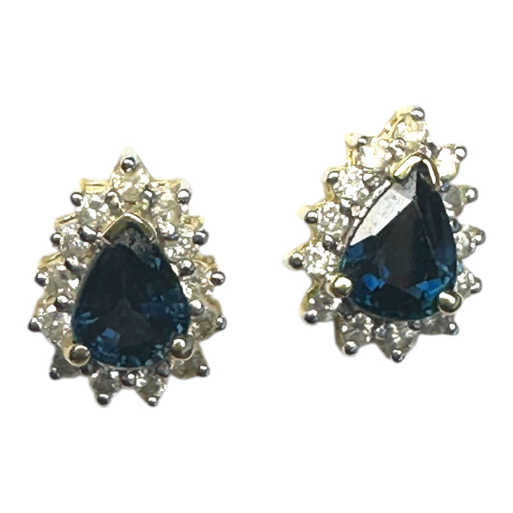 14 Karat .85 Carat Sapphire Pear-Shaped Halo Diamond Stud, Earrings