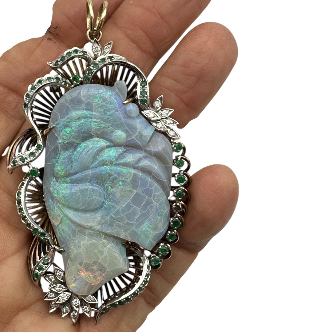 14Kt Black Opal Koi-Fish Carved 3-1/2” Emerald Pendant