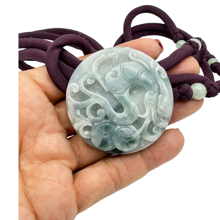 Carved Green Jade Disk on Bead Purple Cord 24" Necklace