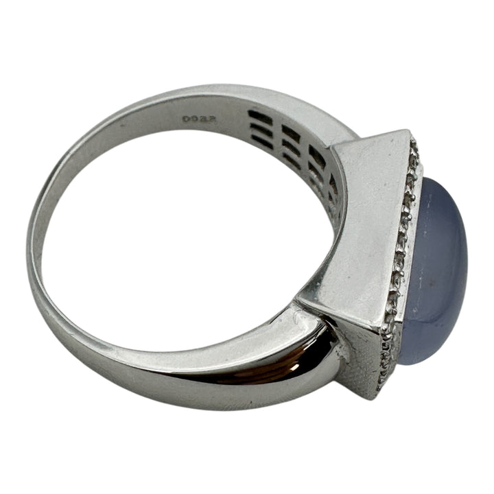 18 karat Chalcedony Cabochon and Diamond Halo Ring