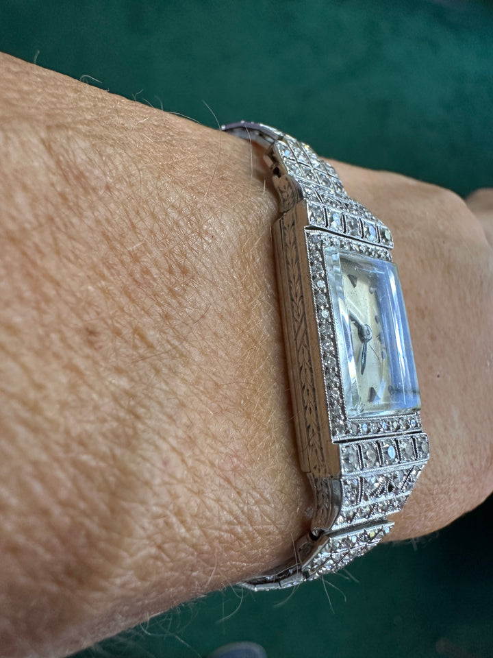 Art Deco Platinum 3.50Ct Diamond Watch VS-F 18-Jewel Manual Wind