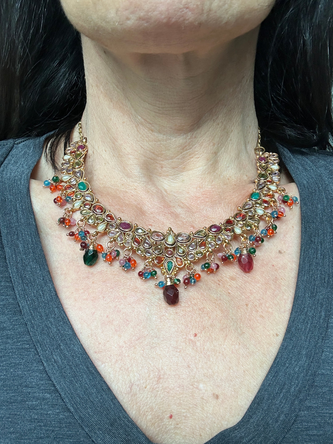 Egyptian Red Dangle, Jeweled Gem Necklace 24kt Yellow Gold Overlay