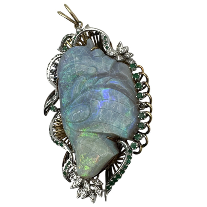 14Kt Black Opal Koi-Fish Carved 3-1/2” Emerald Pendant