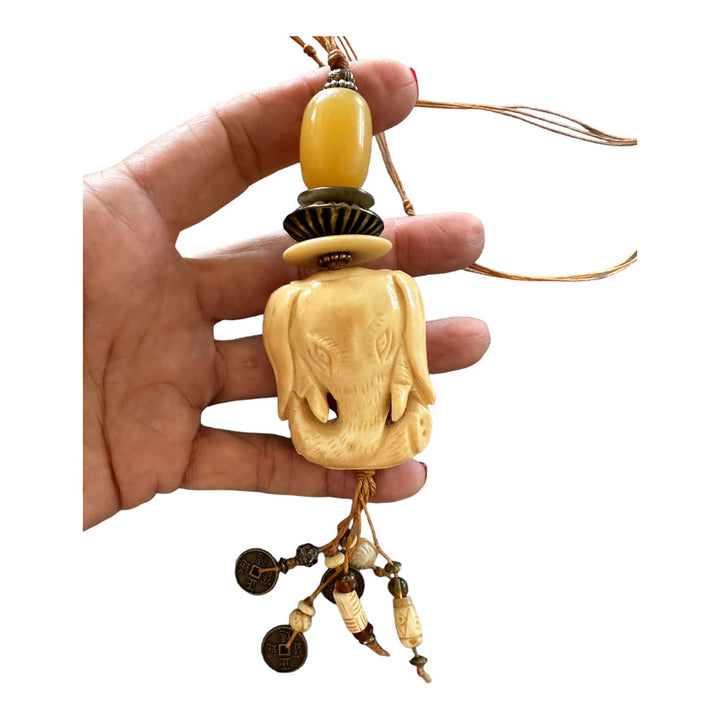 Elephant Carved Netsuke Bead Necklace