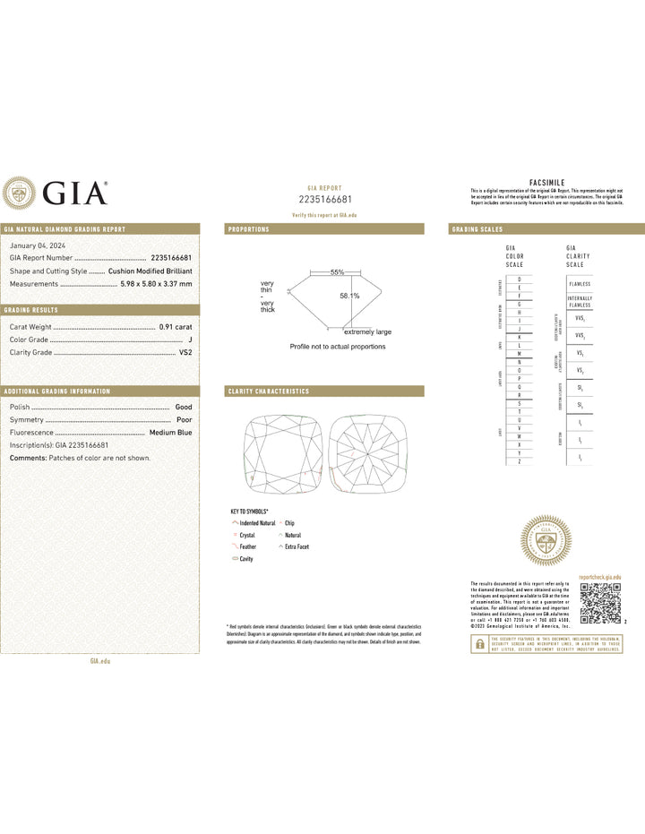 14Kt Engagement Diamond Ring GIA Certified .91 Carat Cushion VS2-J