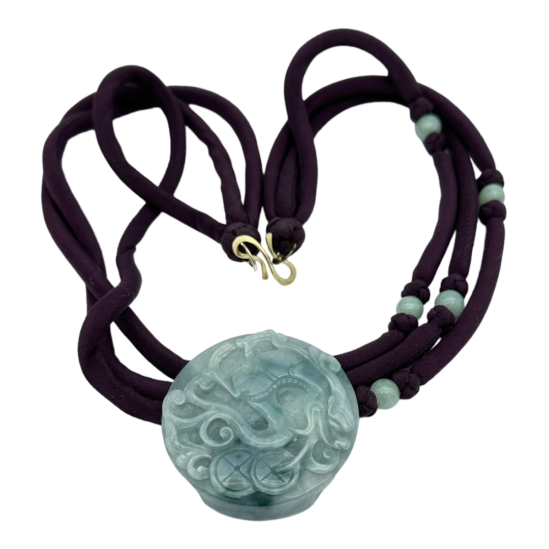 Carved Green Jade Disk on Bead Purple Cord 24" Necklace