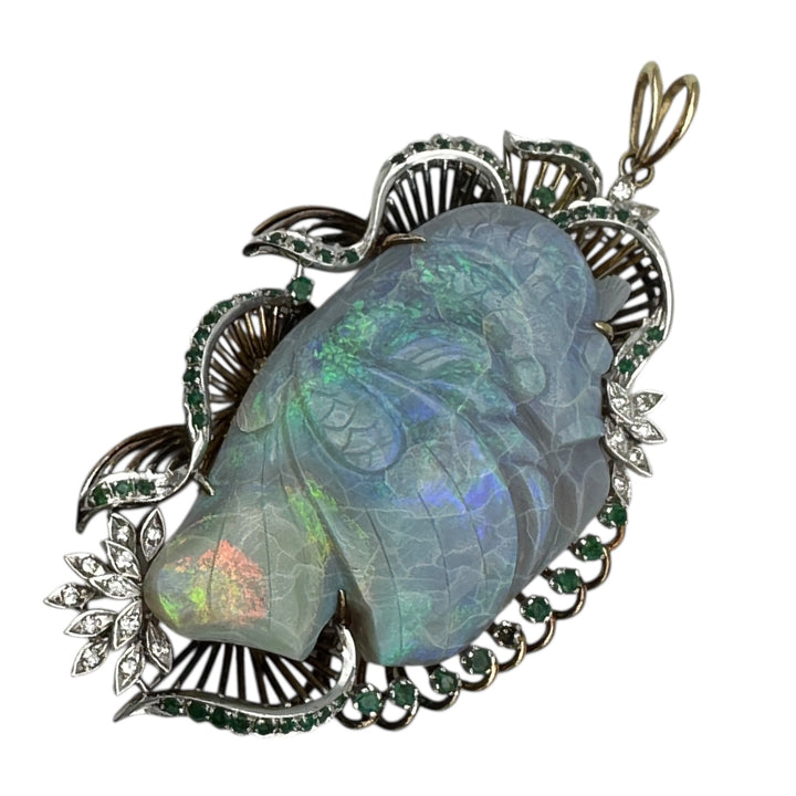 14Kt Black Opal Koi-Fish Carved 3-1/2” Emerald Pendant