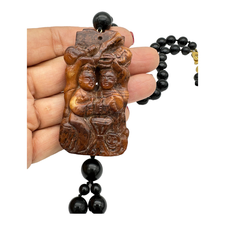 22" Carved Jade Chinese Emblem and Black Onyx Double Strand Necklace