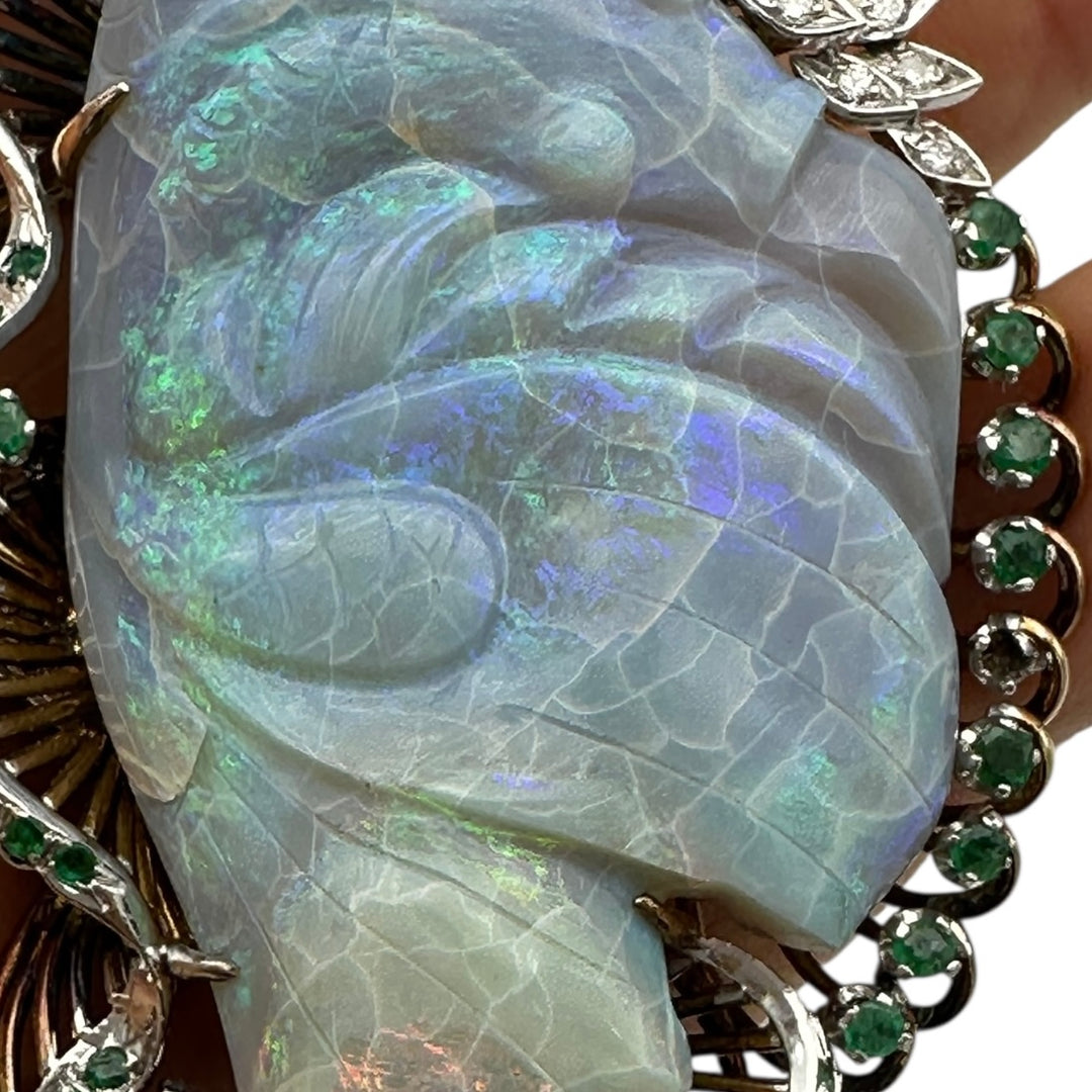 14Kt Black Opal Koi-Fish Carved 3-1/2” Emerald Pendant