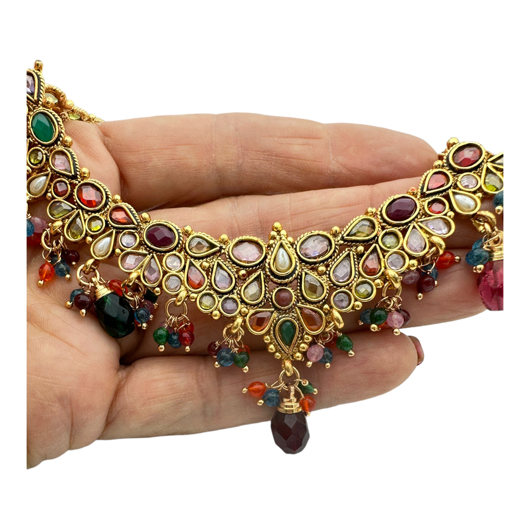 Egyptian Red Dangle, Jeweled Gem Necklace 24kt Yellow Gold Overlay