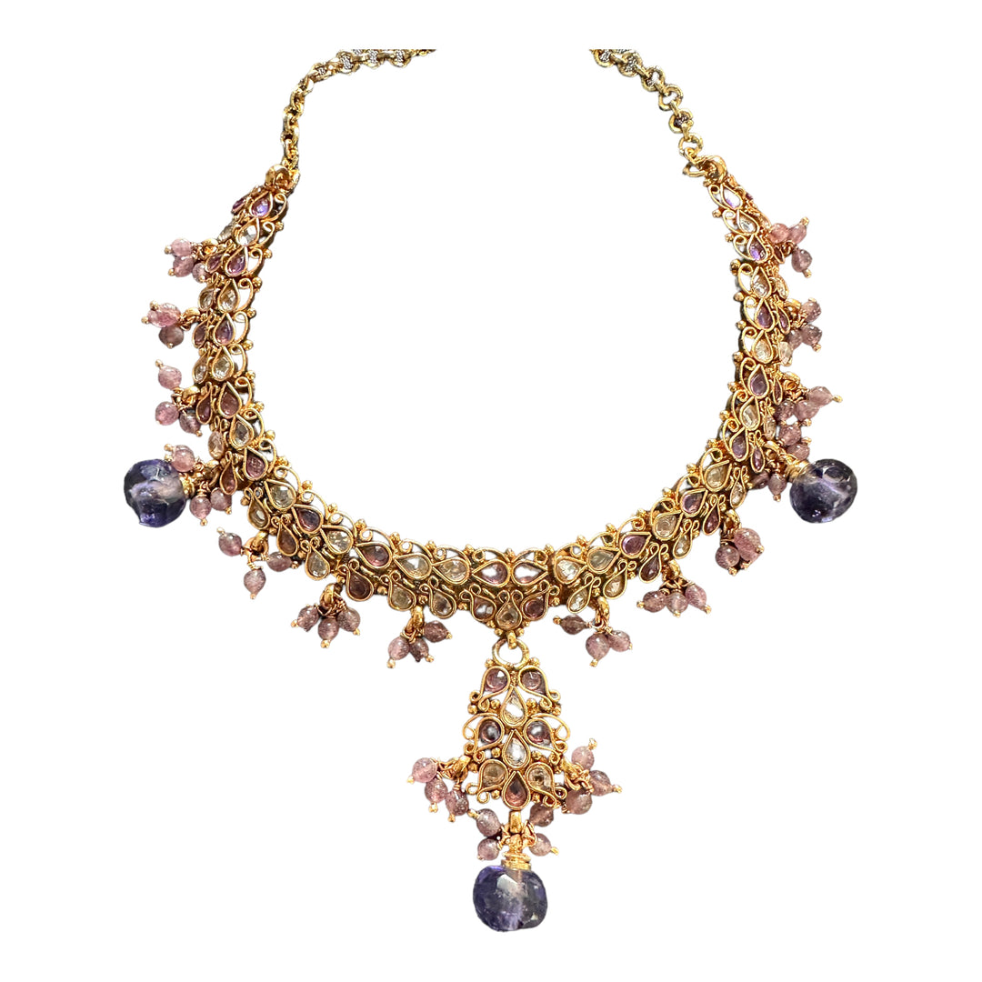 Egyptian Lavender Jeweled Gem Colored Necklace 24kt Electroplated