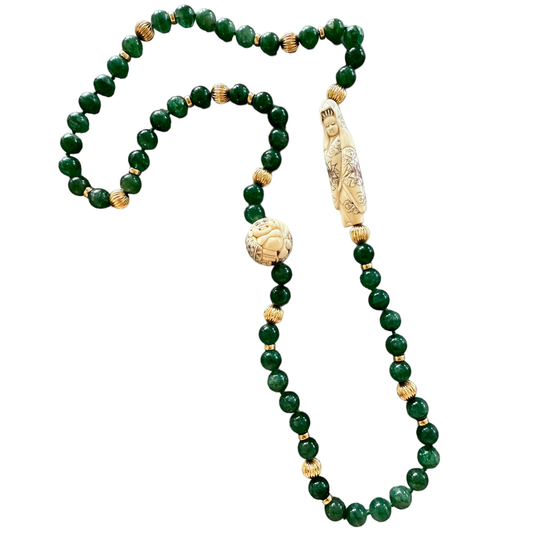 14Kt Netsuke Carved Chinese Figurine Aventurine Beads Necklace 34"