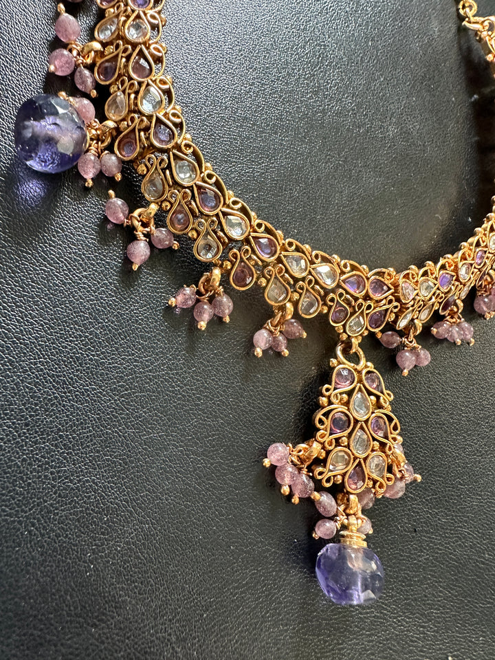 Egyptian Lavender Jeweled Gem Colored Necklace 24kt Electroplated