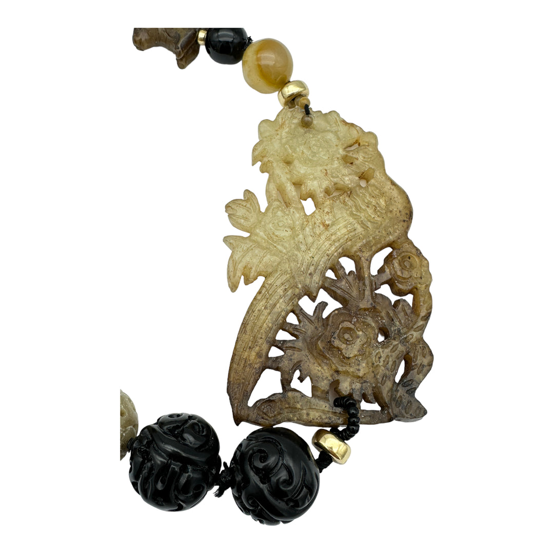 34" Jade Carved Peacock & Animals Bead Necklace