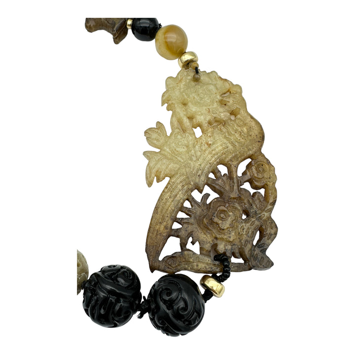 34" Jade Carved Peacock & Animals Bead Necklace