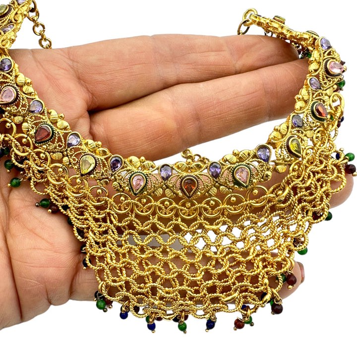 Egyptian Mesh, Jeweled Gem Colored Necklace 24kt Electroplated