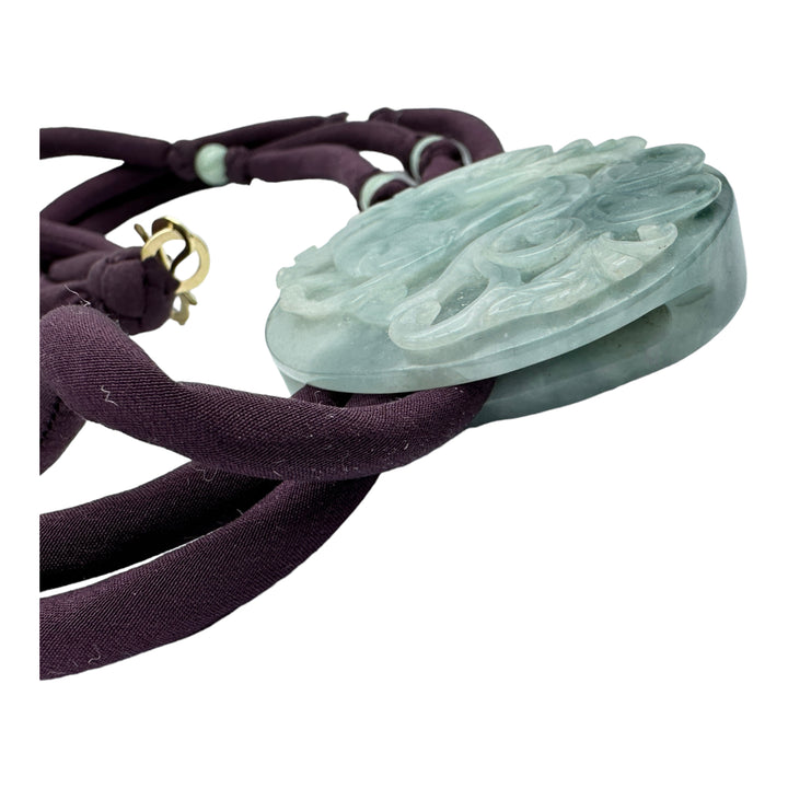 Carved Green Jade Disk on Bead Purple Cord 24" Necklace
