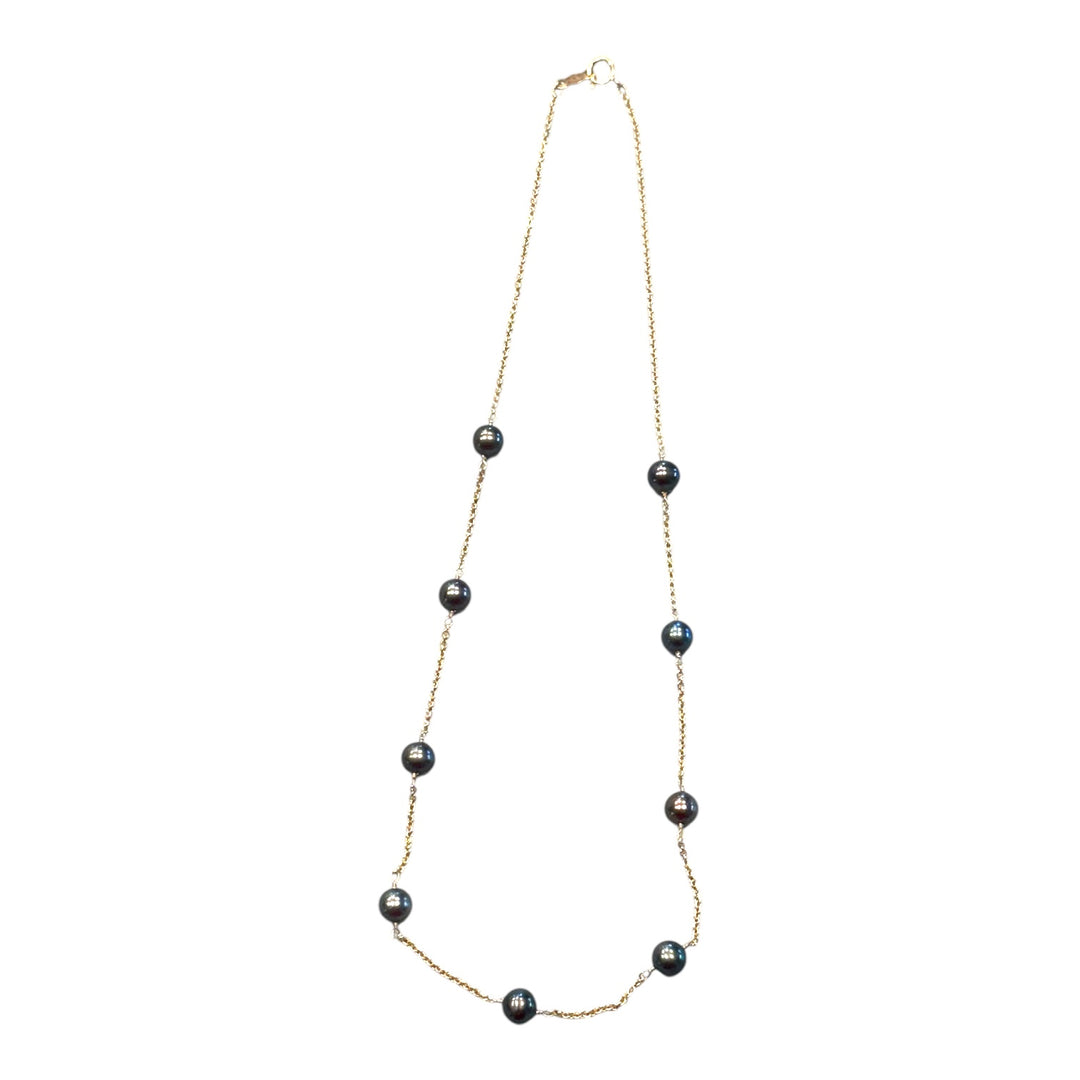 14K Yellow Gold 5.75mm Natural Black Akoya Pearl Chain Necklace AAA Iridescent