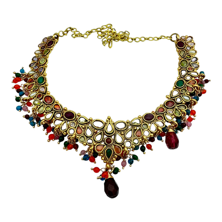 Egyptian Red Dangle, Jeweled Gem Necklace 24kt Yellow Gold Overlay