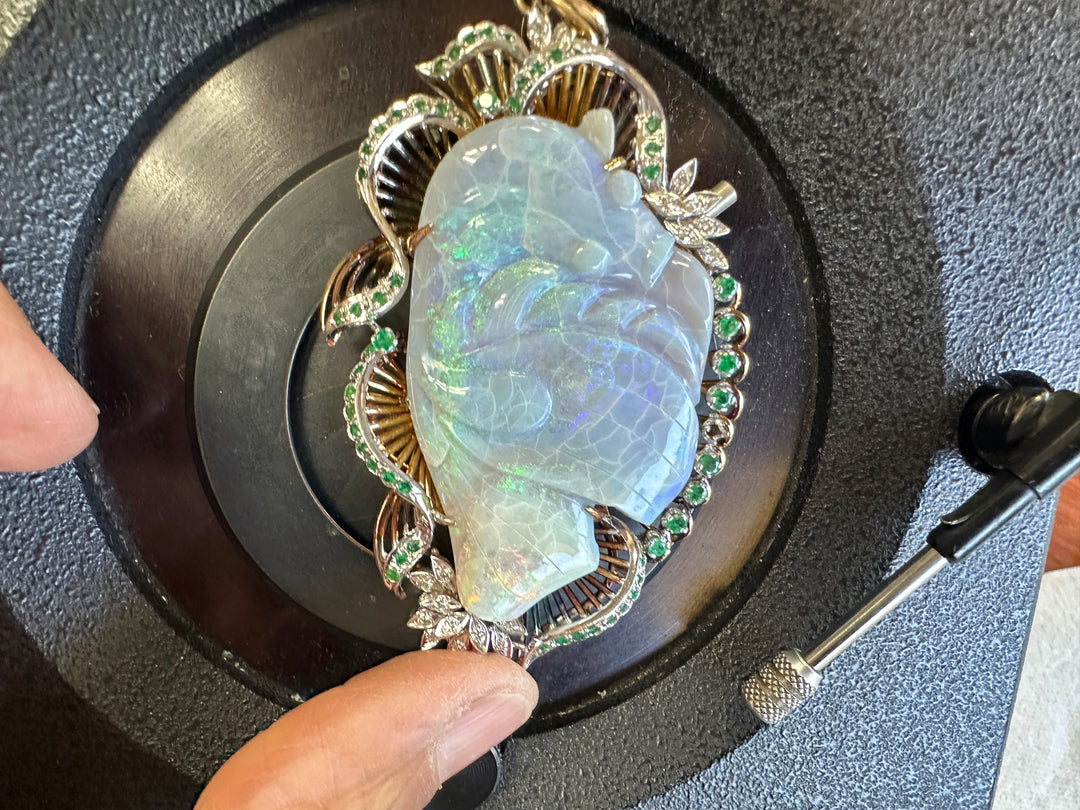 14Kt Black Opal Koi-Fish Carved 3-1/2” Emerald Pendant