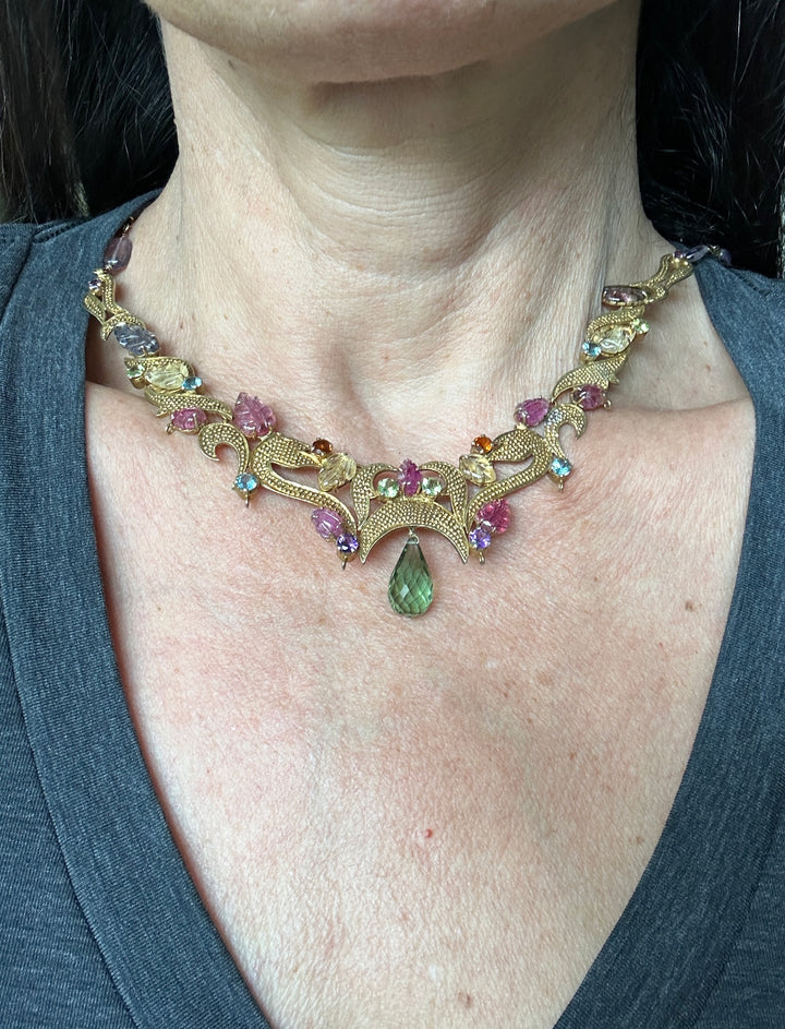 Egyptian Green Dangle Jeweled Leafing Gem Colored Necklace 24K Electroplated