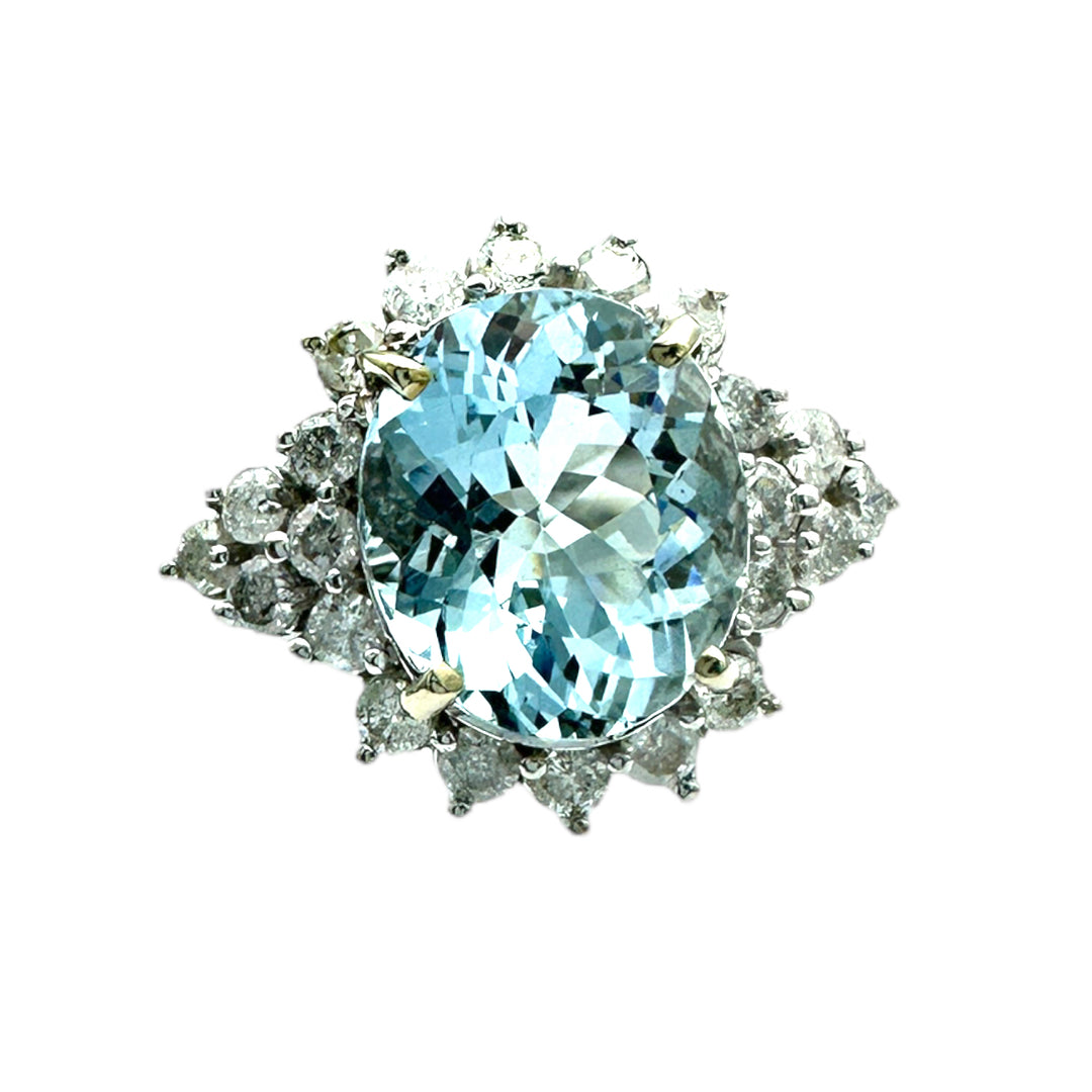14k 8.83 Carat Aquamarine and Diamond Cocktail Ring