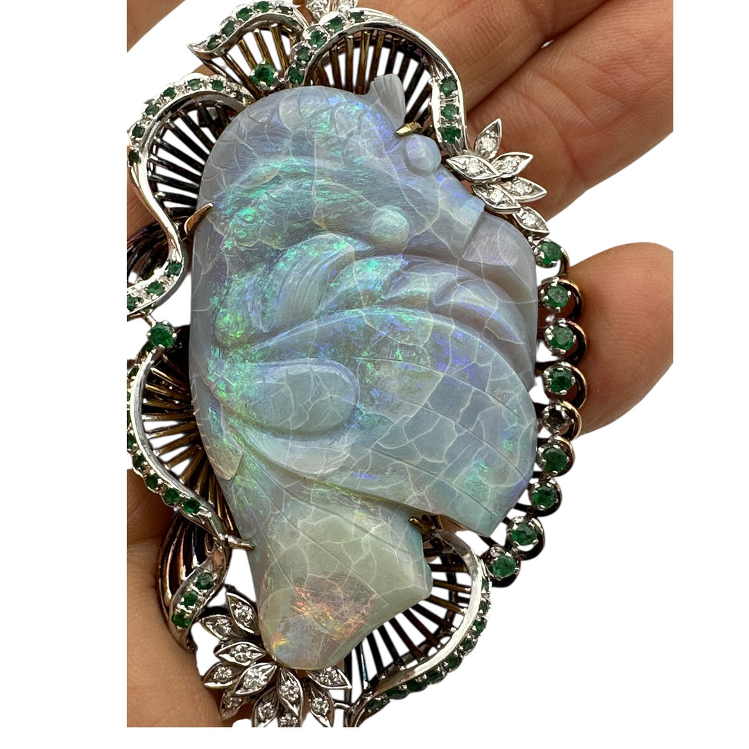 14Kt Black Opal Koi-Fish Carved 3-1/2” Emerald Pendant