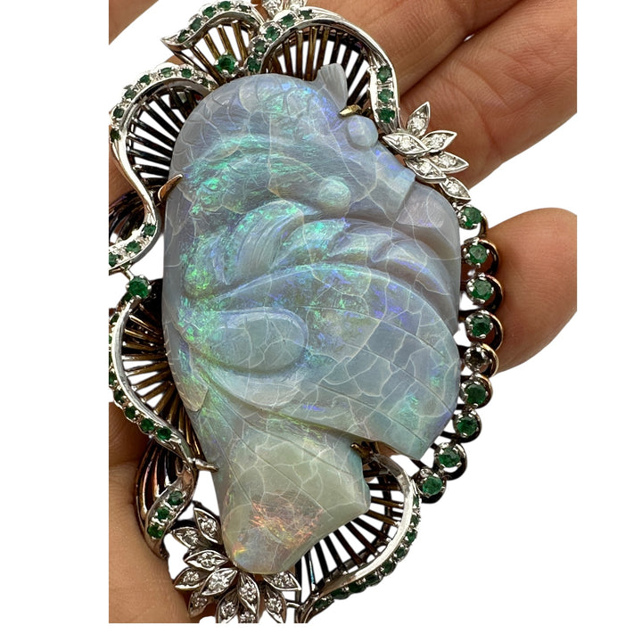 14Kt Black Opal Koi-Fish Carved 3-1/2” Emerald Pendant