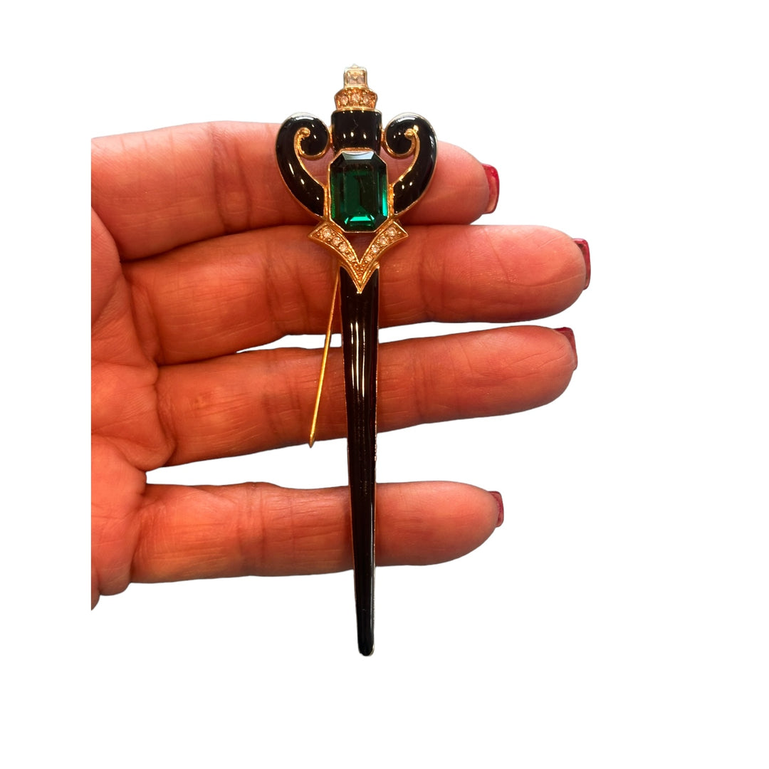Art Deco Black And Emerald Dagger Pin Brooch, 4”