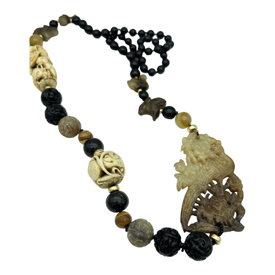 34" Jade Carved Peacock & Animals Bead Necklace