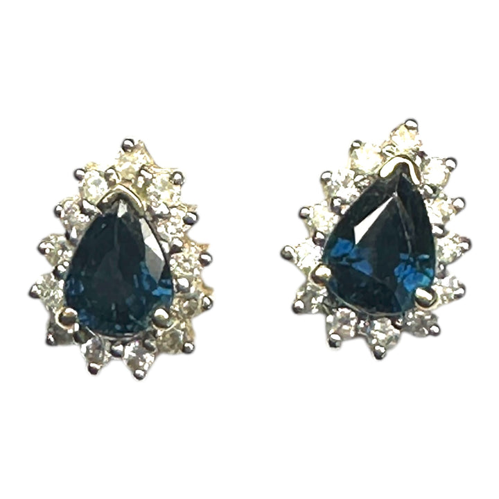 14 Karat .85 Carat Sapphire Pear-Shaped Halo Diamond Stud, Earrings