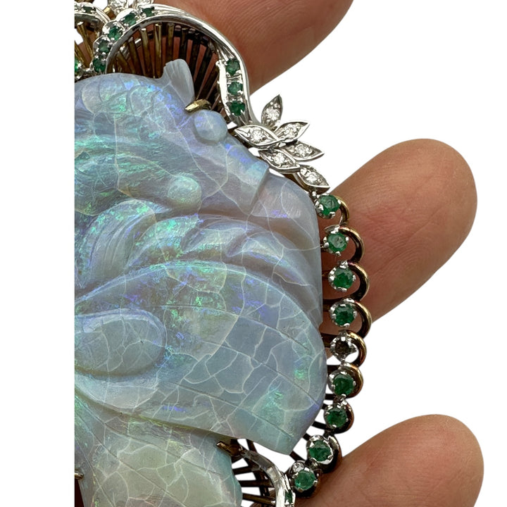 14Kt Black Opal Koi-Fish Carved 3-1/2” Emerald Pendant