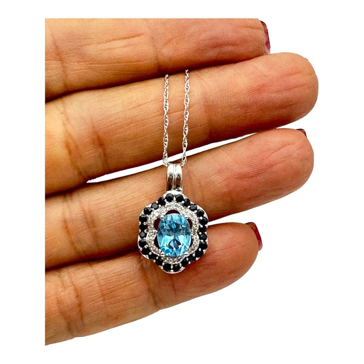14kt White Gold Diamond, Swiss Blue Topaz and Sapphire Pendant 2CTW