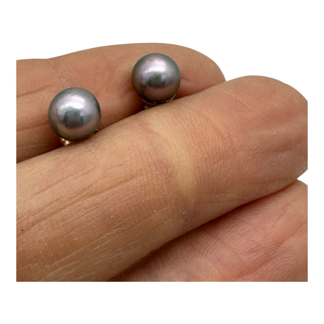 14 karat, gold 7 mm Akoya, gray cultured pearls earrings studs AAA quality