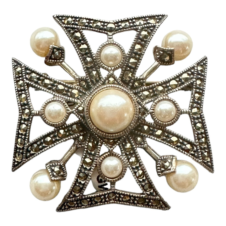 J.J. Gothic Sterling Pearl Cross Pin