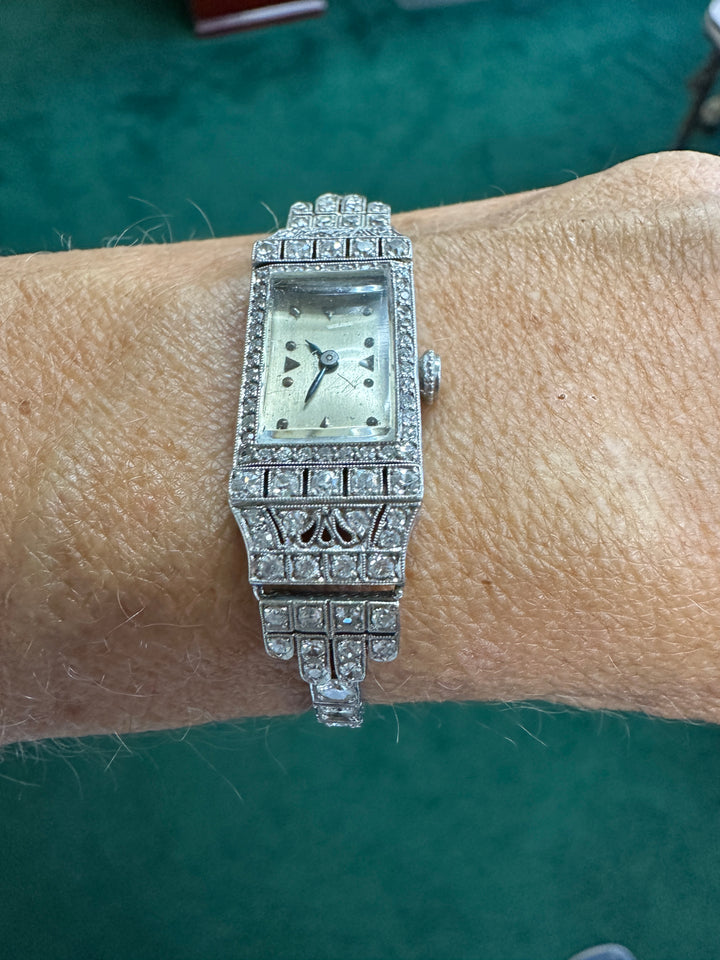 Art Deco Platinum 3.50Ct Diamond Watch VS-F 18-Jewel Manual Wind