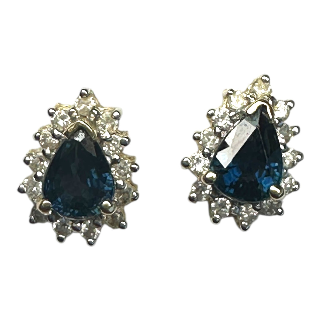 14 Karat .85 Carat Sapphire Pear-Shaped Halo Diamond Stud, Earrings