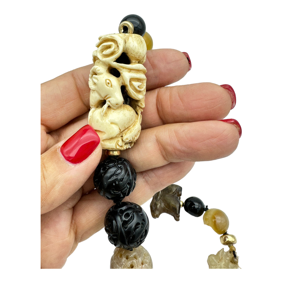 34" Jade Carved Peacock & Animals Bead Necklace