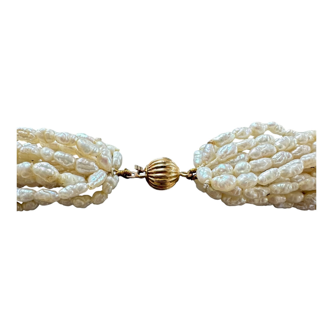 14 karat yellow gold multi strand 18 inch pearl necklace