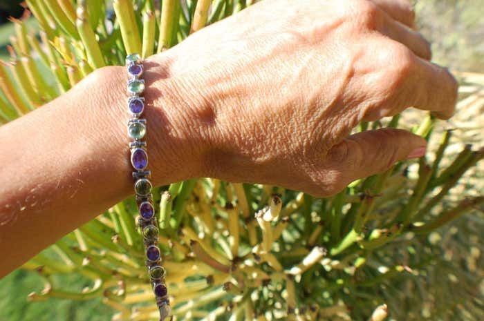Amethyst and Green Stone Sterling Silver Link Bracelet