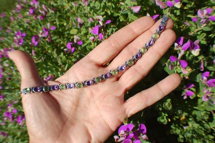 Amethyst and Green Stone Sterling Silver Link Bracelet