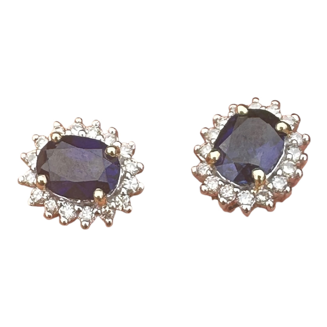 Two tone, 2 carat, sapphire, and diamond, halo stud earrings