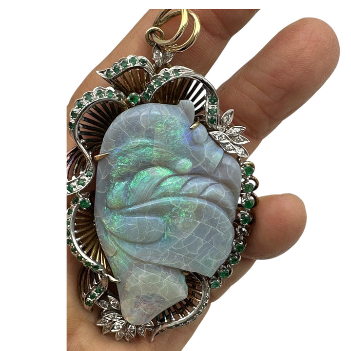 14Kt Black Opal Koi-Fish Carved 3-1/2” Emerald Pendant