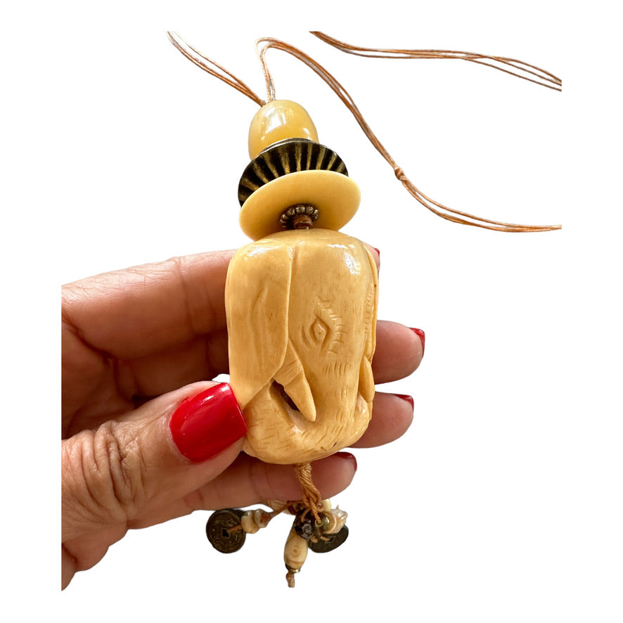 Elephant Carved Netsuke Bead Necklace